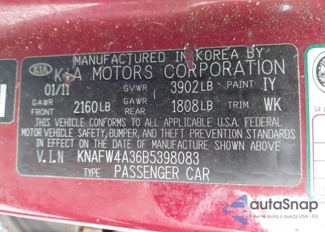 2011 Kia Forte Sx z USA, uszkodzony, nr VIN KNAFW4A36B5398083